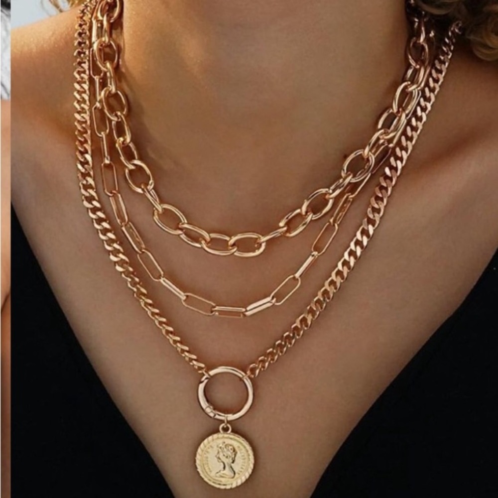 Vintage 24k Gold  Plated Layered Necklace Trendy Chunky Cuban Link Paperclip Cha - Picture 8 of 11